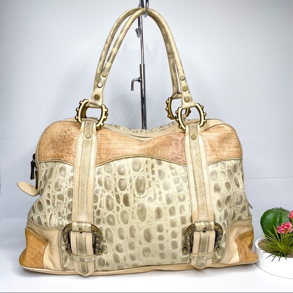 Arcadia Handbags - Arcadia Made in Italy Croc Embossed Cream Tan Bag